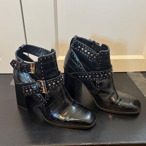 Zara Black Croc-Embossed Studded Ankle Booties
